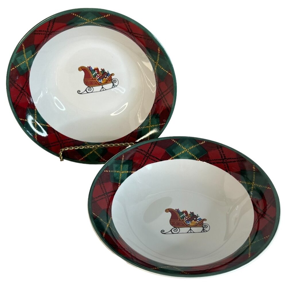 2 Block Father Christmas Soup Bowls Santa Sleigh Cereal Holiday Red Green VTG